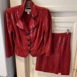 Janine Red Shimmering Blazer Jacket Skirt Suit London Paris New York Small Italy